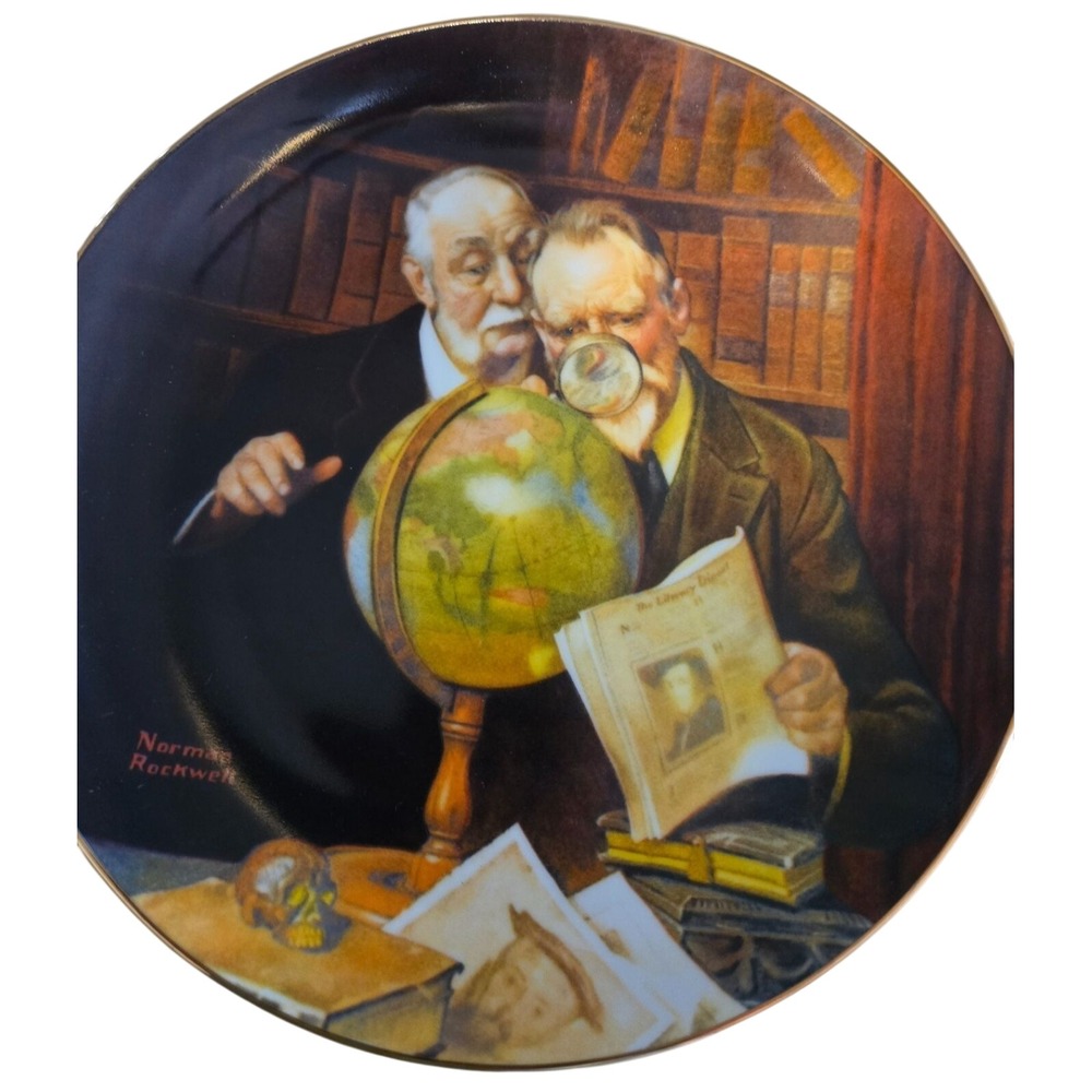 A numbered collector plate titled "Newfound Worlds" by Norman Rockwell.